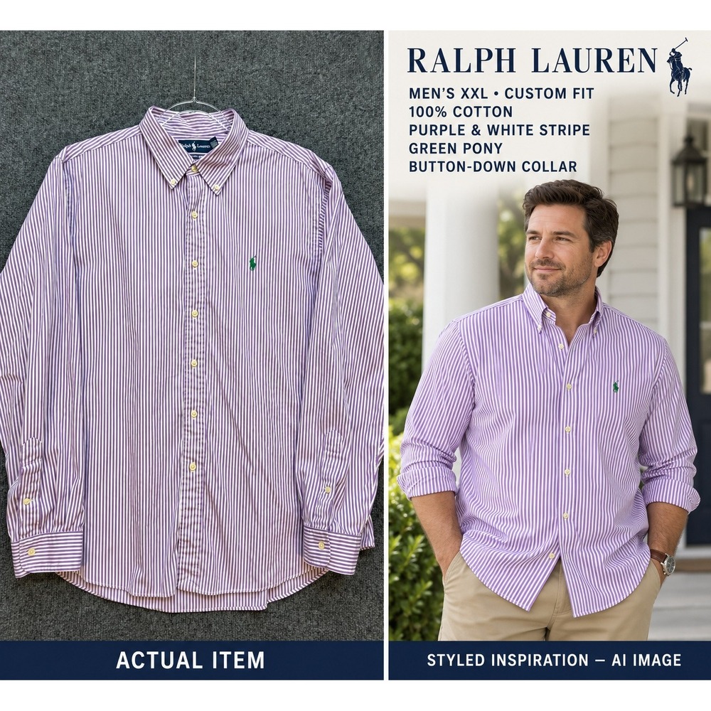 Ralph Lauren Striped Button Down Mens Purple XXL Excellent Preppy Custom Fit
